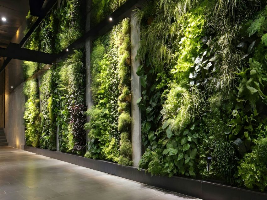 Vertical garden wall with herbs and compact plants