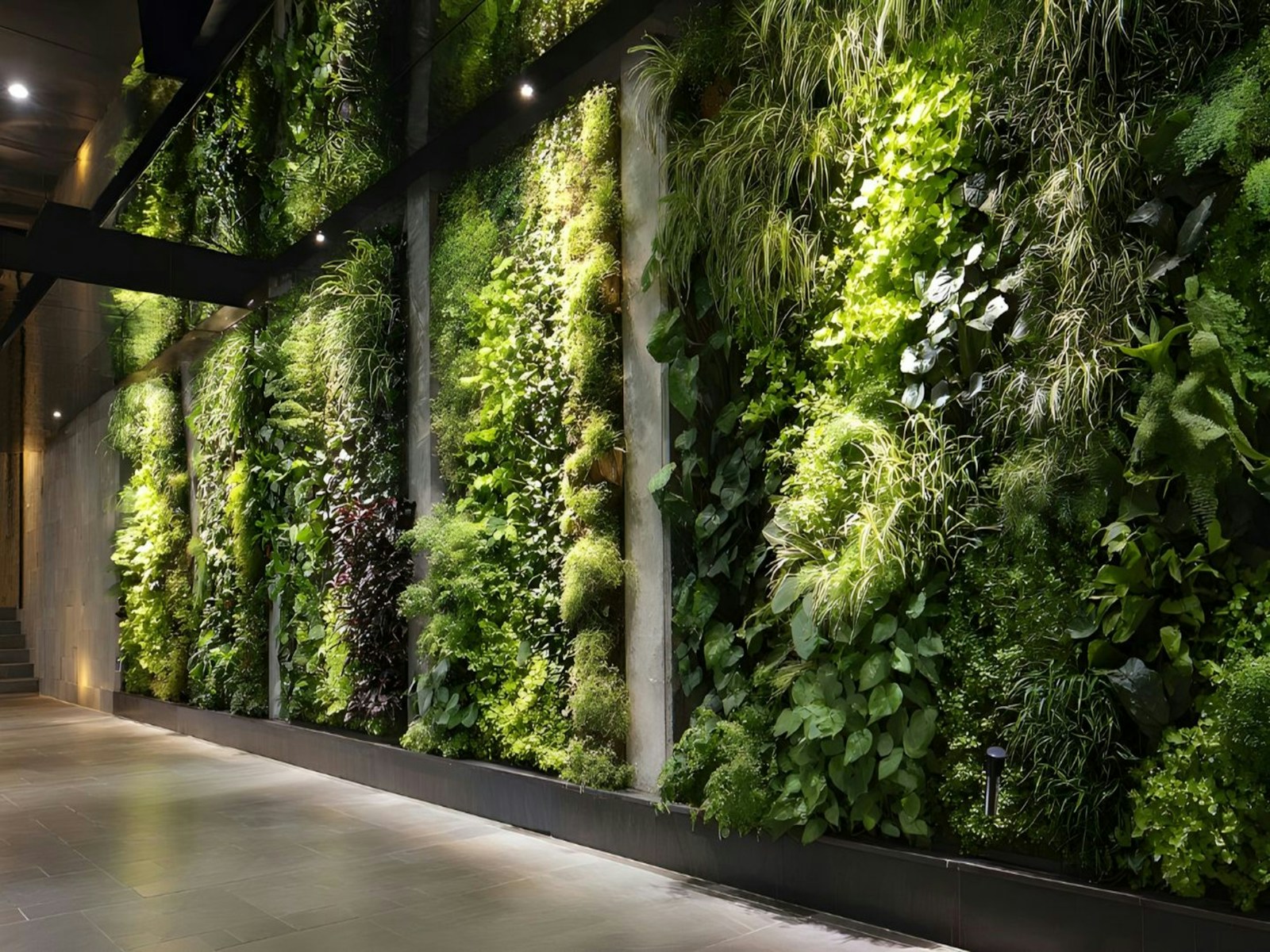 Apartment balcony with vertical hydroponic tower and wall-mounted planters growing leafy greens