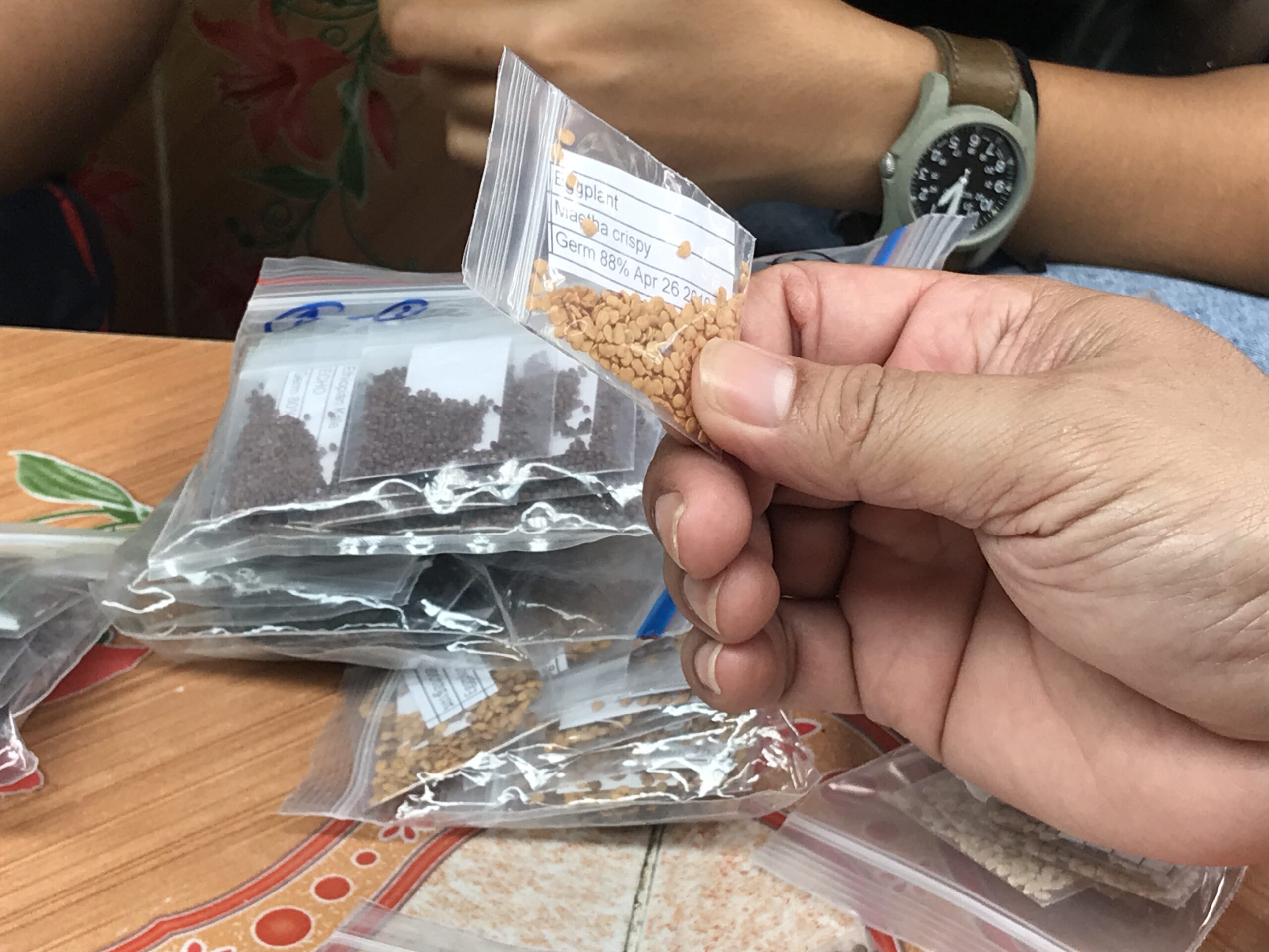 Sachets de graines en papier kraft étiquetés à la main, empilés sur une table en bois